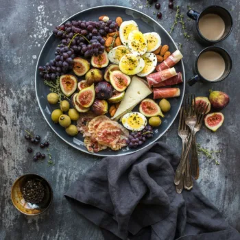 Une assiette garnie de fruits, œufs, fromages, charcuterie et amandes sur une table avec tasses et couverts.