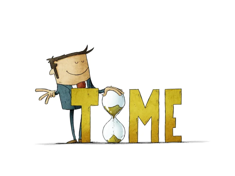 Illustration d'un personnage en costume avec un sablier intégré au mot "TIME" en grandes lettres.