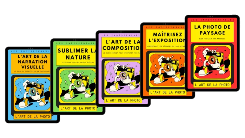 Collection de livres illustrés sur l'art de la photographie avec des couvertures colorées.