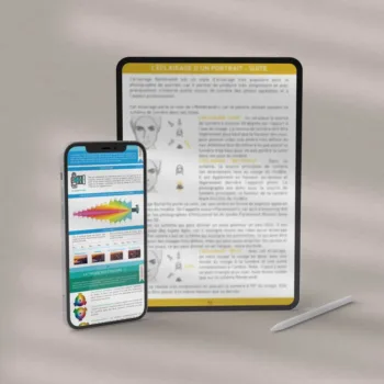 Un smartphone et une tablette affichant des articles sur l'éclairage de portraits sont présentés avec un stylet, le tout sur une surface beige.