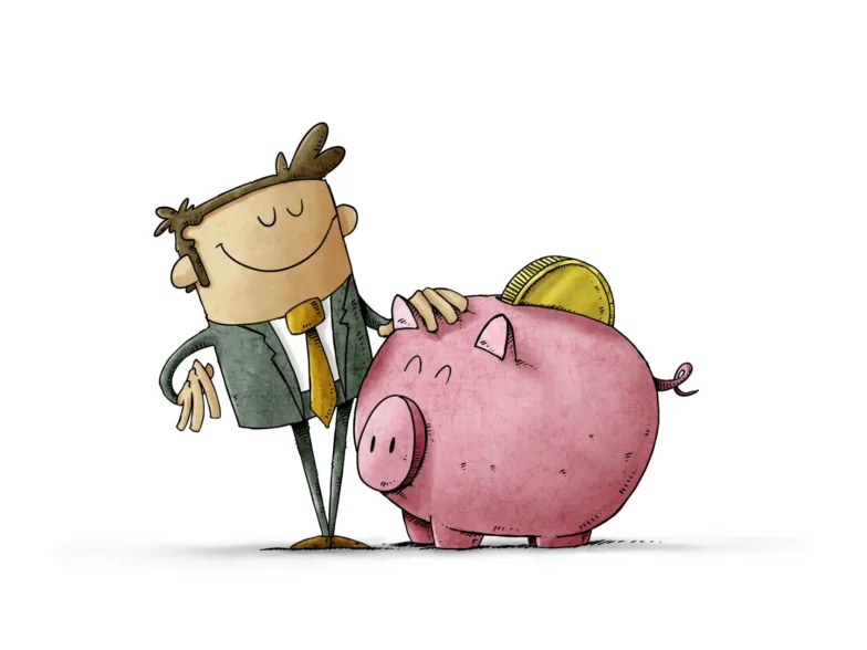 Illustration d'un homme en costume souriant aux côtés d'une tirelire cochon rose avec une pièce de monnaie.