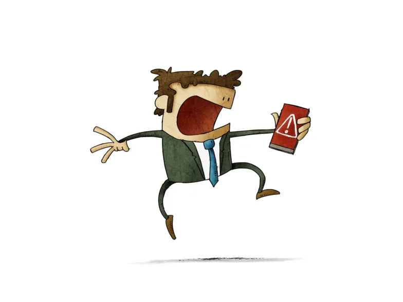 Illustration d'un homme effrayé tenant un téléphone affichant une alerte rouge