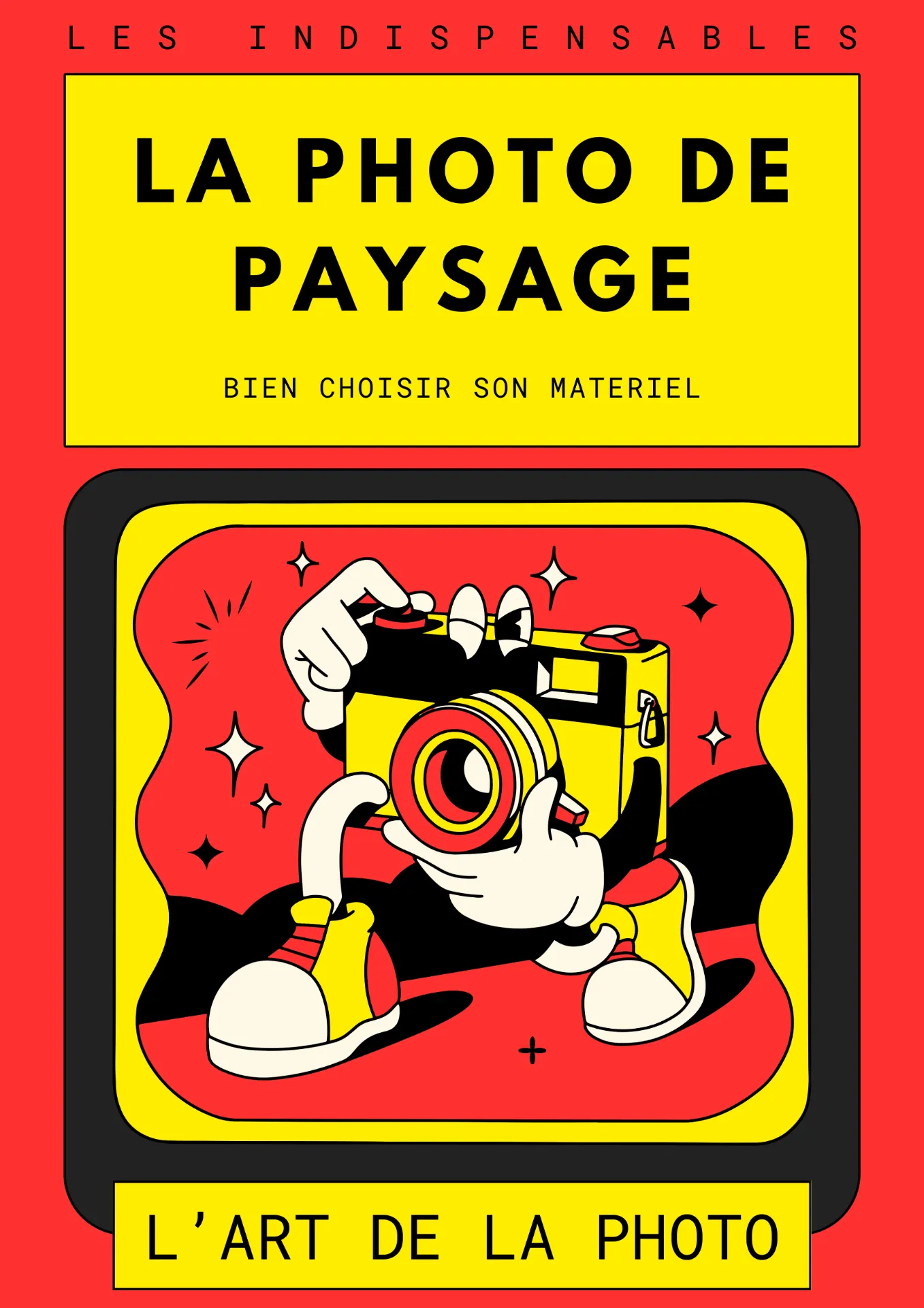 Affiche colorée d'un livre sur la photographie de paysage avec une illustration d'un appareil photo stylisé.