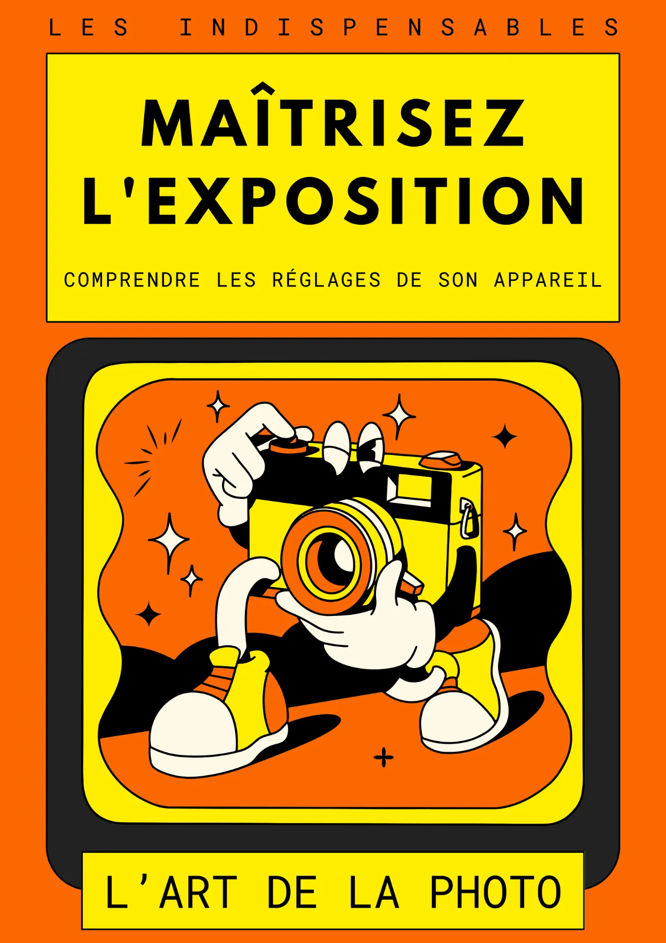 Couverture colorée d'un livre intitulé "Maîtrisez l'exposition" avec une illustration d'un appareil photo.