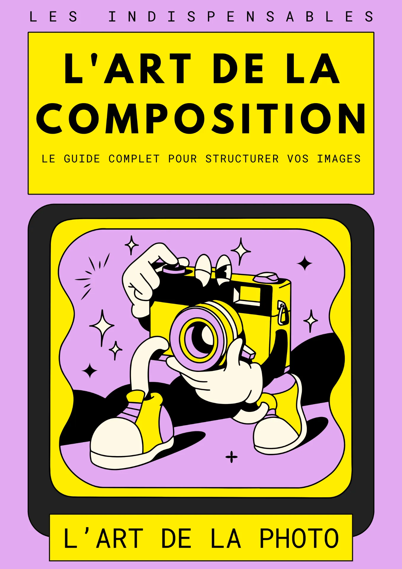 Couverture d'un livre illustré sur la composition photographique avec un personnage prenant une photo.