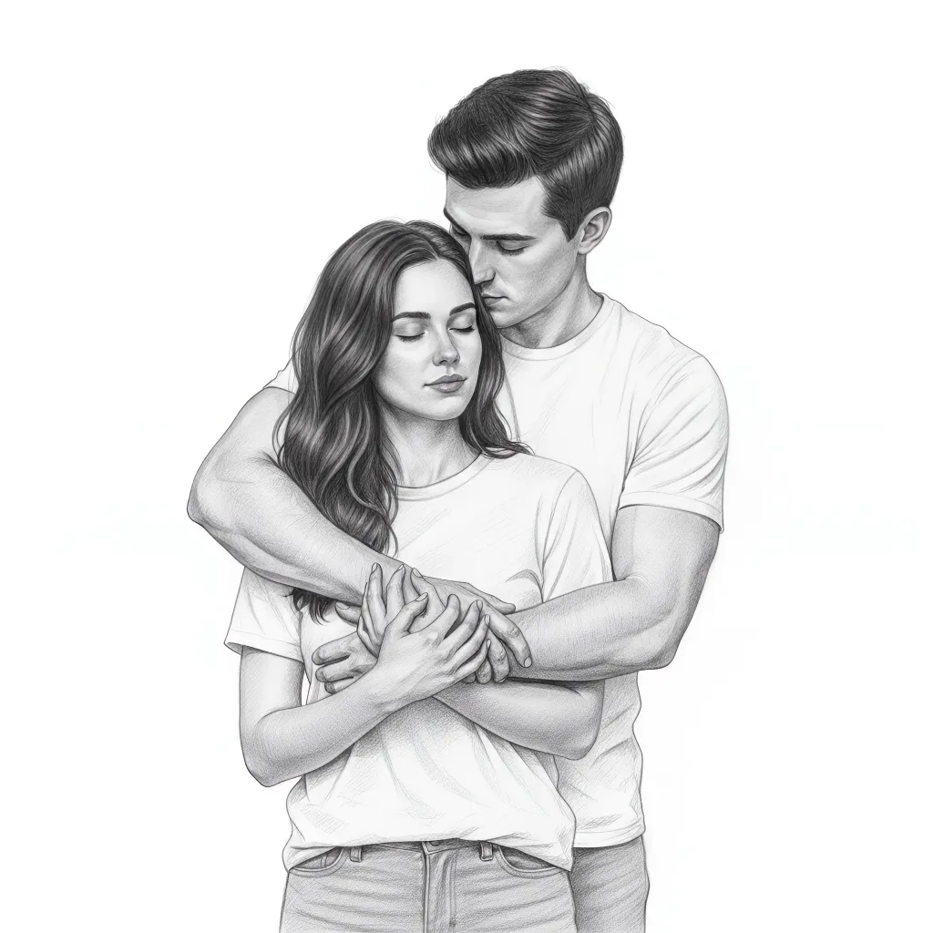 Illustration d'un couple s'étreignant tendrement, vêtu de vêtements simples.