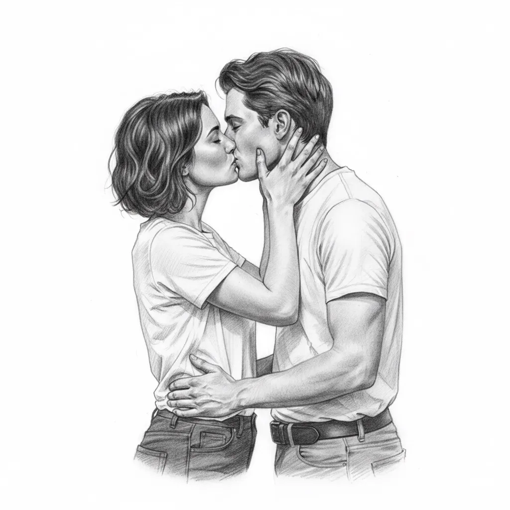 Couple s'embrassant tendrement dans un dessin au crayon en noir et blanc