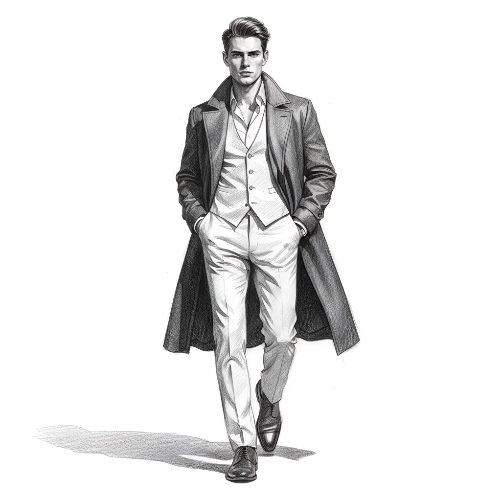 Illustration d'un homme élégant marchant en costume avec un long manteau.