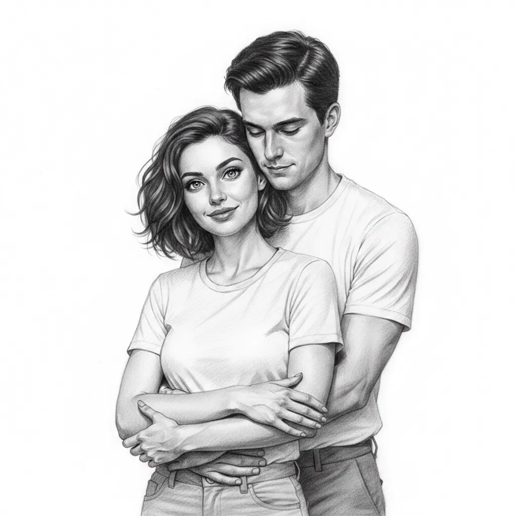 Couple dessin au crayon s'enlaçant tendrement en noir et blanc