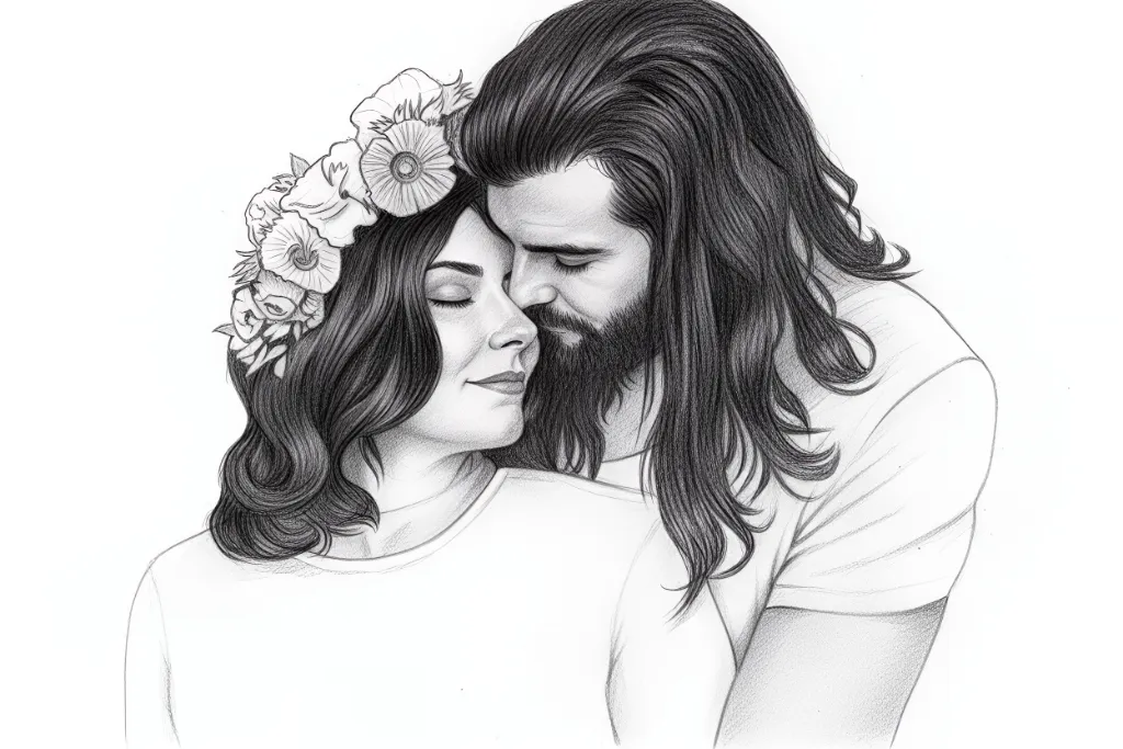 Illustration en noir et blanc d'un couple s'enlaçant tendrement avec une couronne de fleurs sur la tête de la femme.
