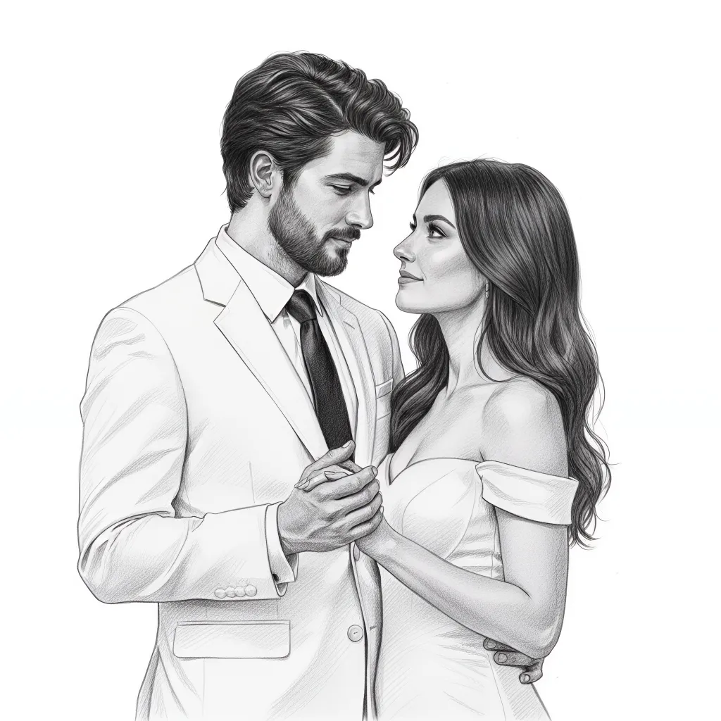 Dessins en noir et blanc d'un couple élégant s'étreignant tendrement.