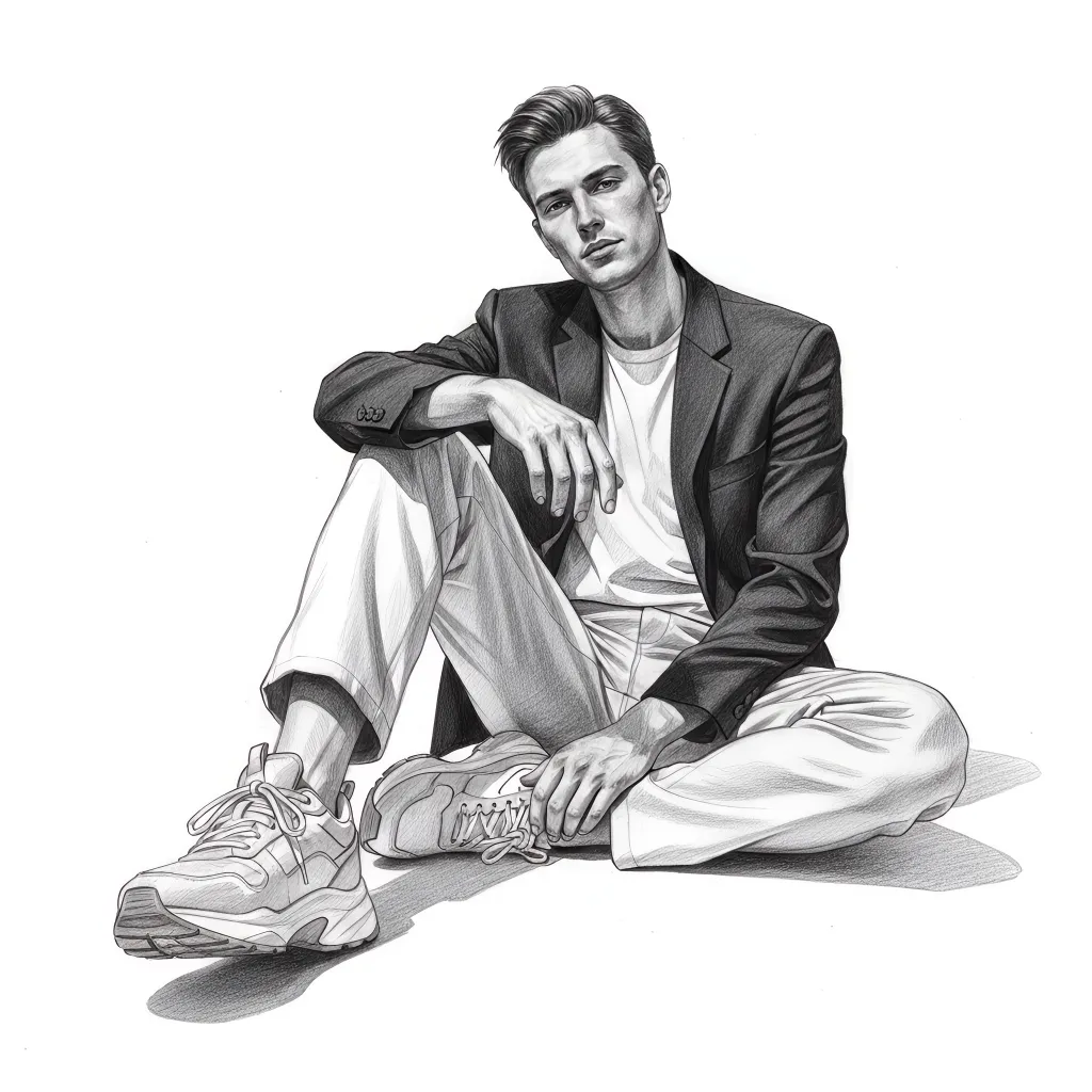 Illustration en noir et blanc d'un homme assis par terre, portant un blazer, un t-shirt, un pantalon clair et des baskets.