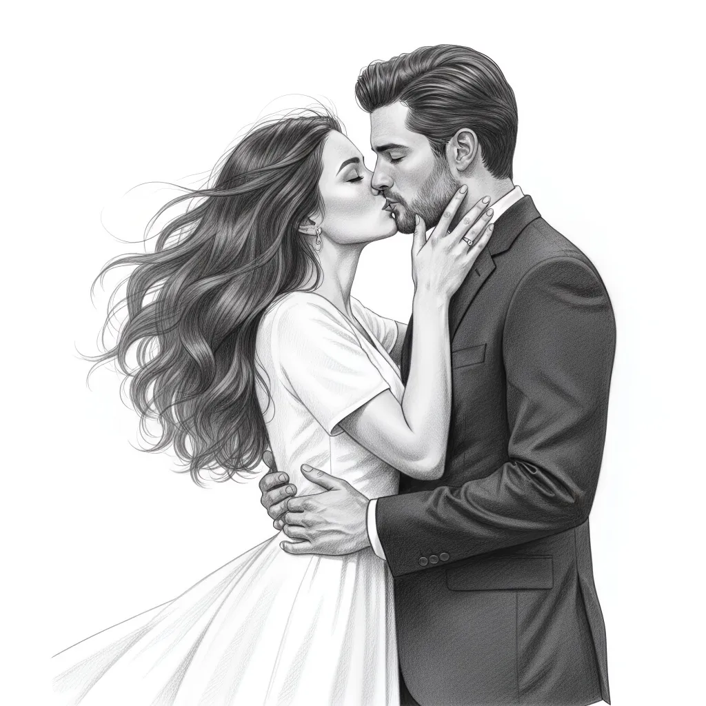 Illustration en noir et blanc d'un couple s'embrassant tendrement.