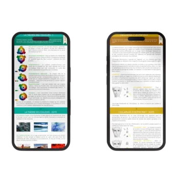 Deux smartphones affichant des guides sur la théorie des couleurs et l'éclairage des portraits.