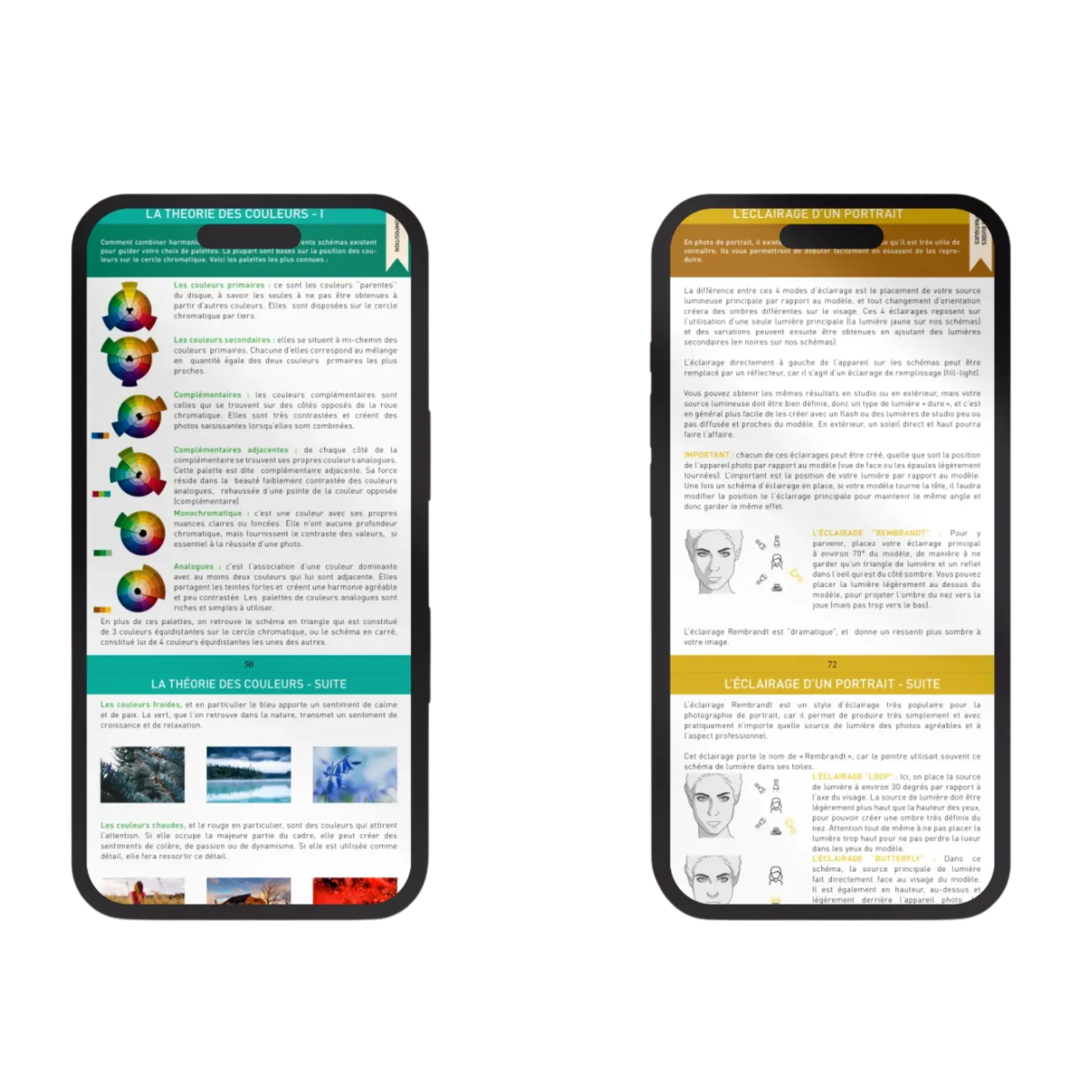 Deux smartphones affichant des guides sur la théorie des couleurs et l'éclairage des portraits.
