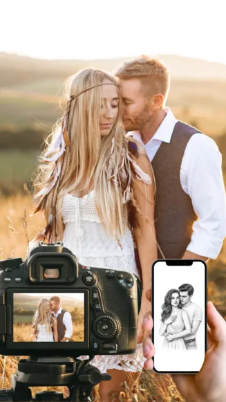 Couple romantique dans un champ doré, capturé par un appareil photo et un dessin sur smartphone.