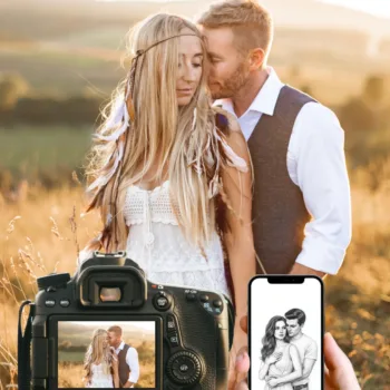 Couple romantique dans un champ doré, capturé par un appareil photo et un dessin sur smartphone.