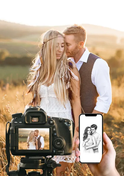 Couple romantique dans un champ doré, capturé par un appareil photo et un dessin sur smartphone