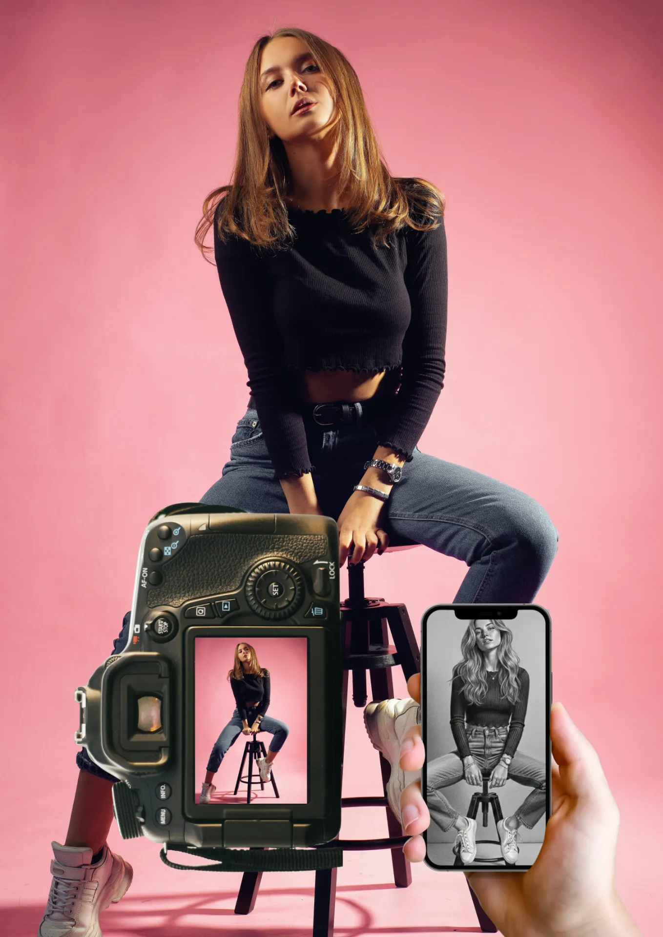 Une femme pose sur un tabouret devant un fond rose, avec des images d'elle affichées sur un appareil photo et un téléphone.