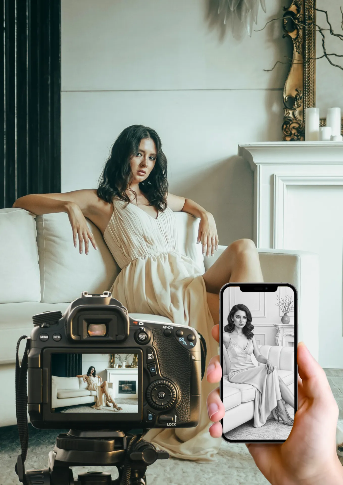 Femme en robe élégante posant sur un canapé, capturée simultanément par un appareil photo et un téléphone portable.