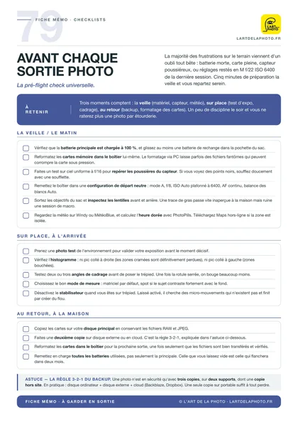 Fiche checklist avant chaque sortie photo