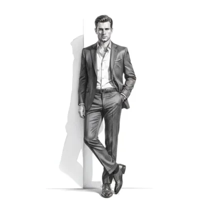 Homme en costume s'appuyant contre un mur, dessin au crayon