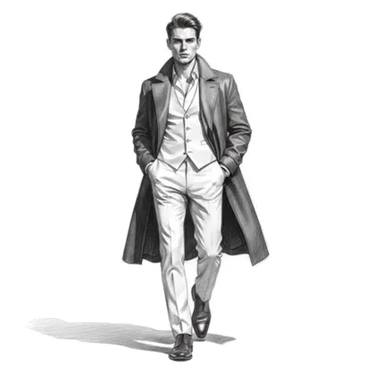 Homme élégant marchant en costume avec un long manteau