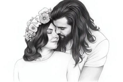 Couple s'enlaçant, couronne de fleurs sur la tête de la femme
