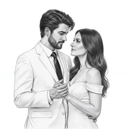 Couple élégant s'étreignant, dessin noir et blanc