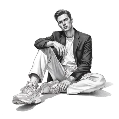 Homme assis par terre, blazer, t-shirt, pantalon clair et baskets