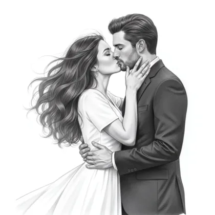 Couple s'embrassant, dessin noir et blanc