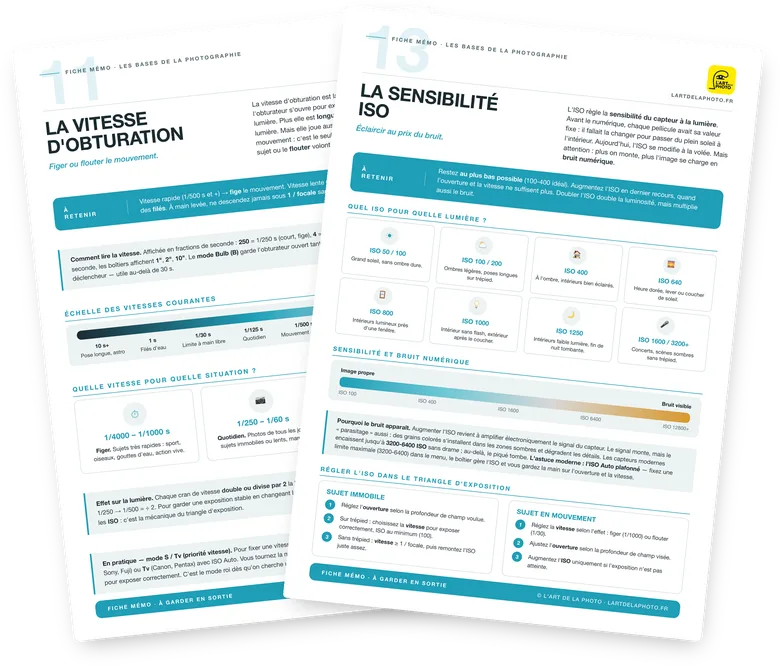 Deux fiches mémo en éventail : la vitesse d'obturation et la sensibilité ISO