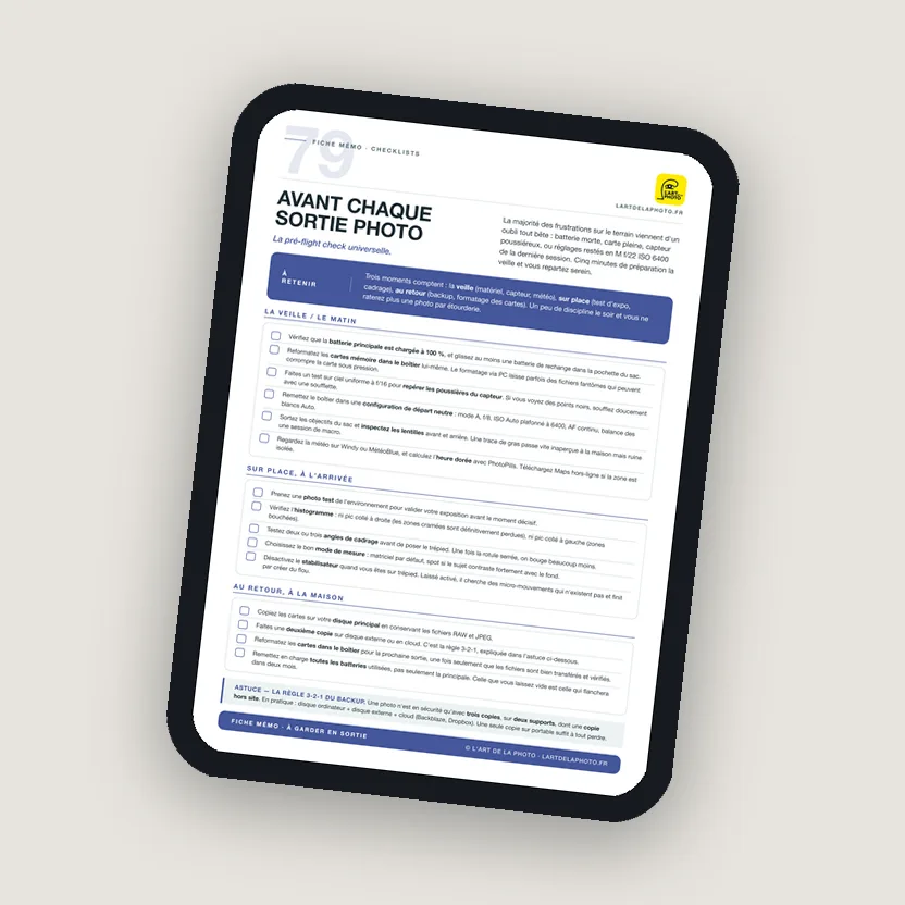 La checklist « Avant chaque sortie photo » sur une tablette